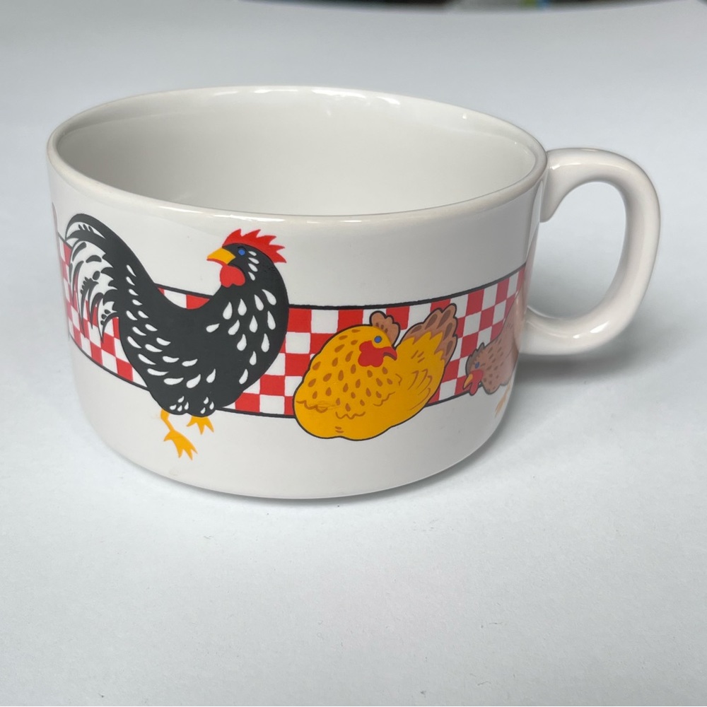 Ceramic Chicken/Rooster Soup Mugs Bowl With Handle Farmhouse Checkered Red